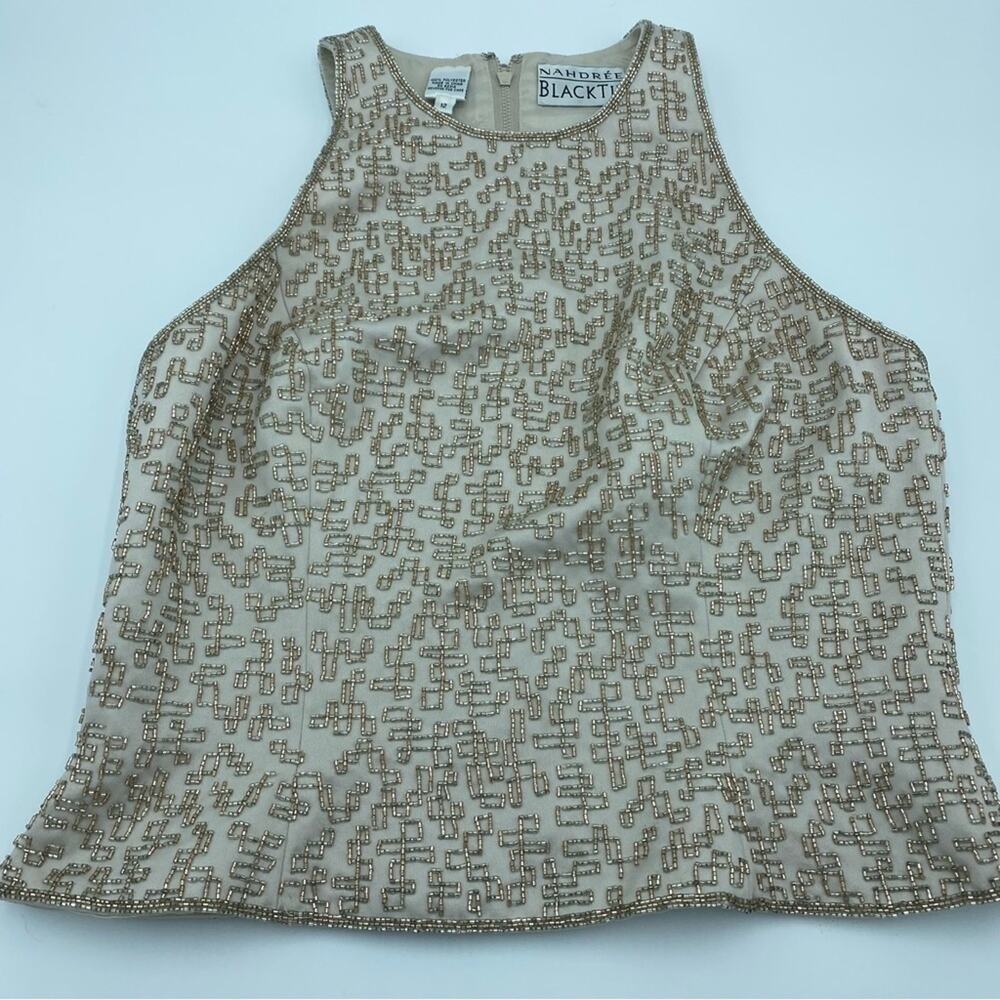 Nahdree Black Tie Beaded Cream Sleeveless Blouse- 12